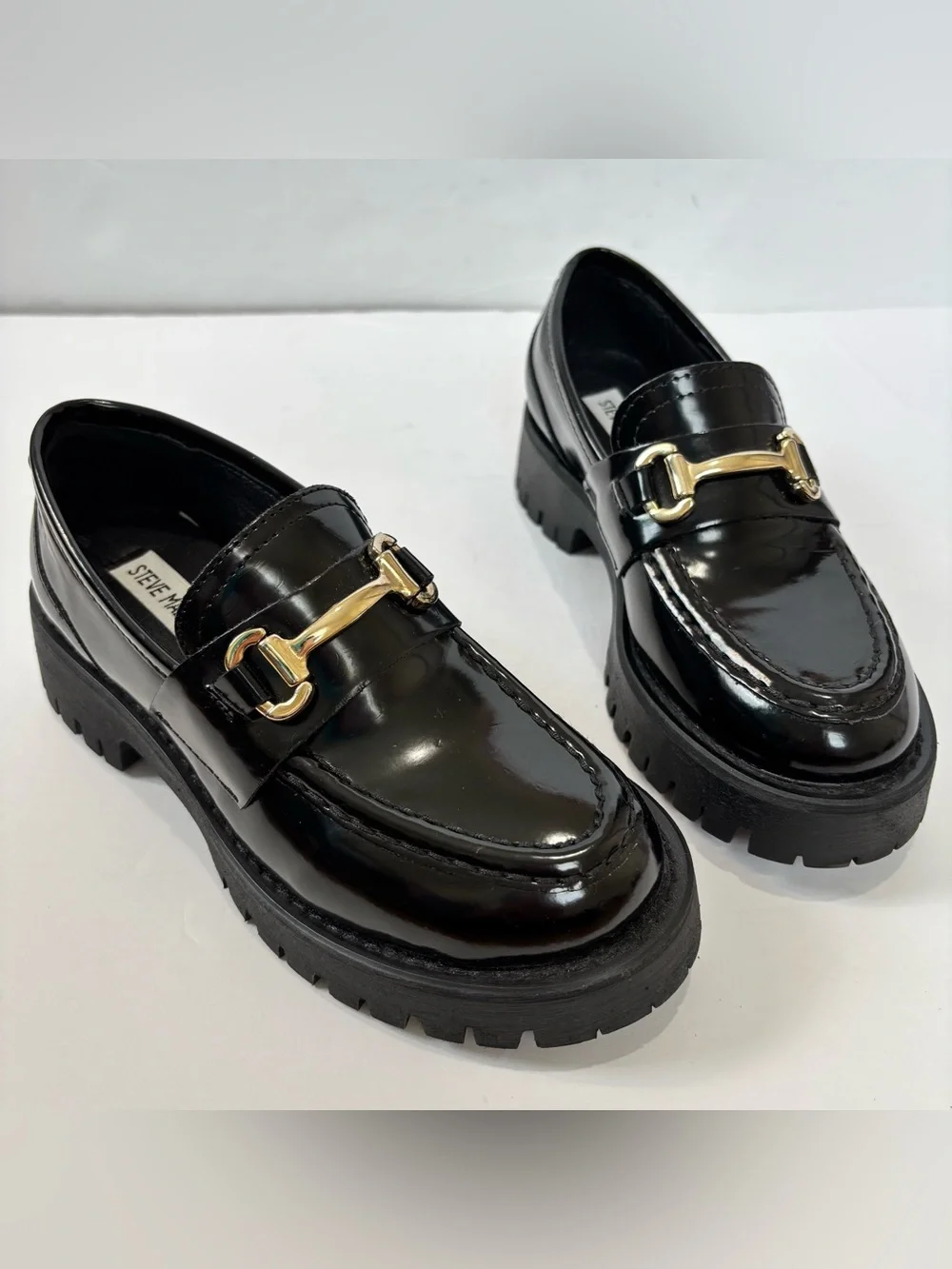 NEW Steve Madden Horsebit Lando Black Patent Chunky Platform Lug Sole Loafer 5.5
